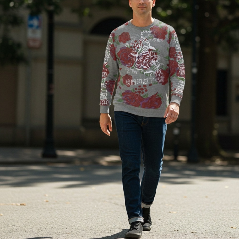 Long Sleeve Tiger on Flowers Heavy Jersey Crew